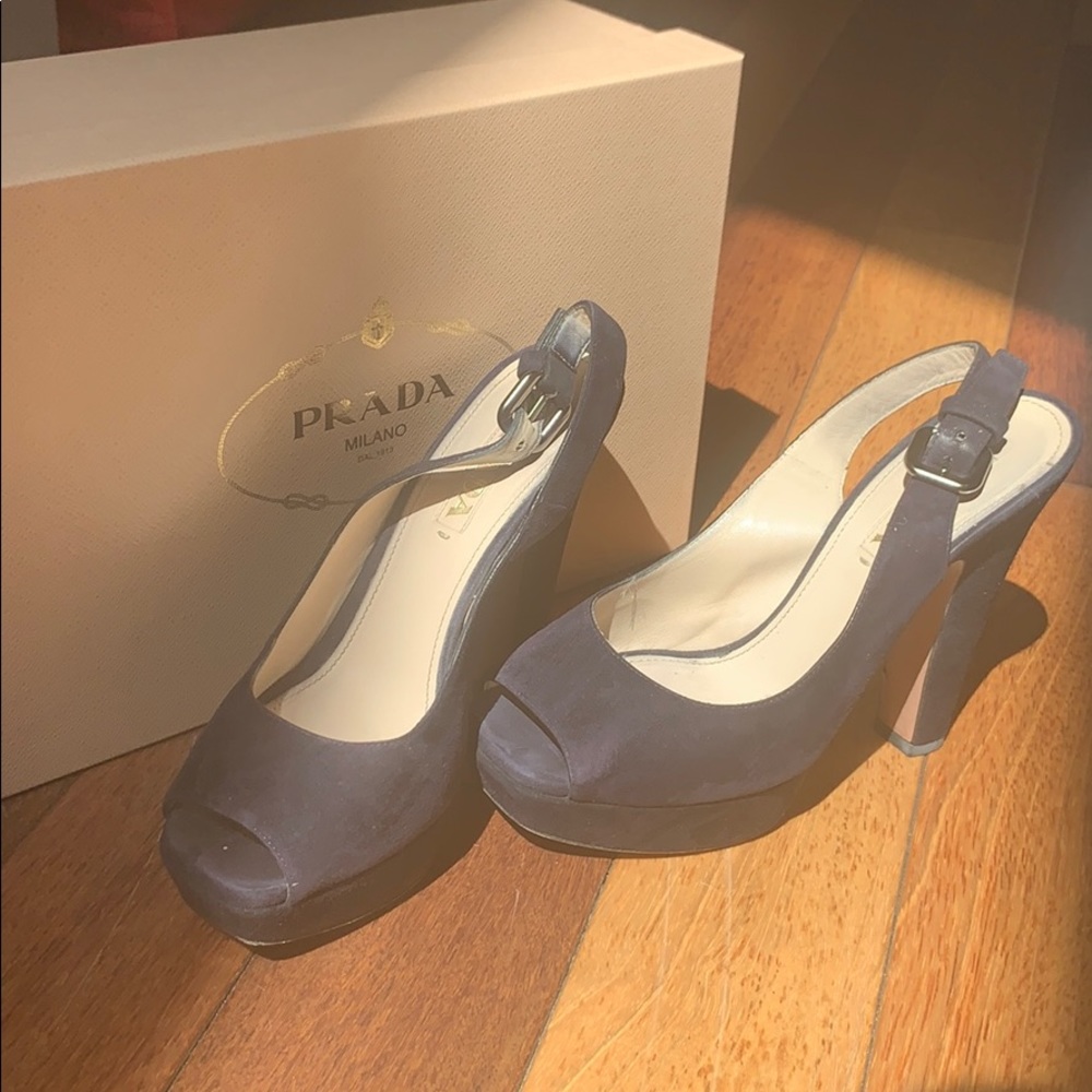 Prada | Peep Toe Slingback Sandals Navy Suede 37